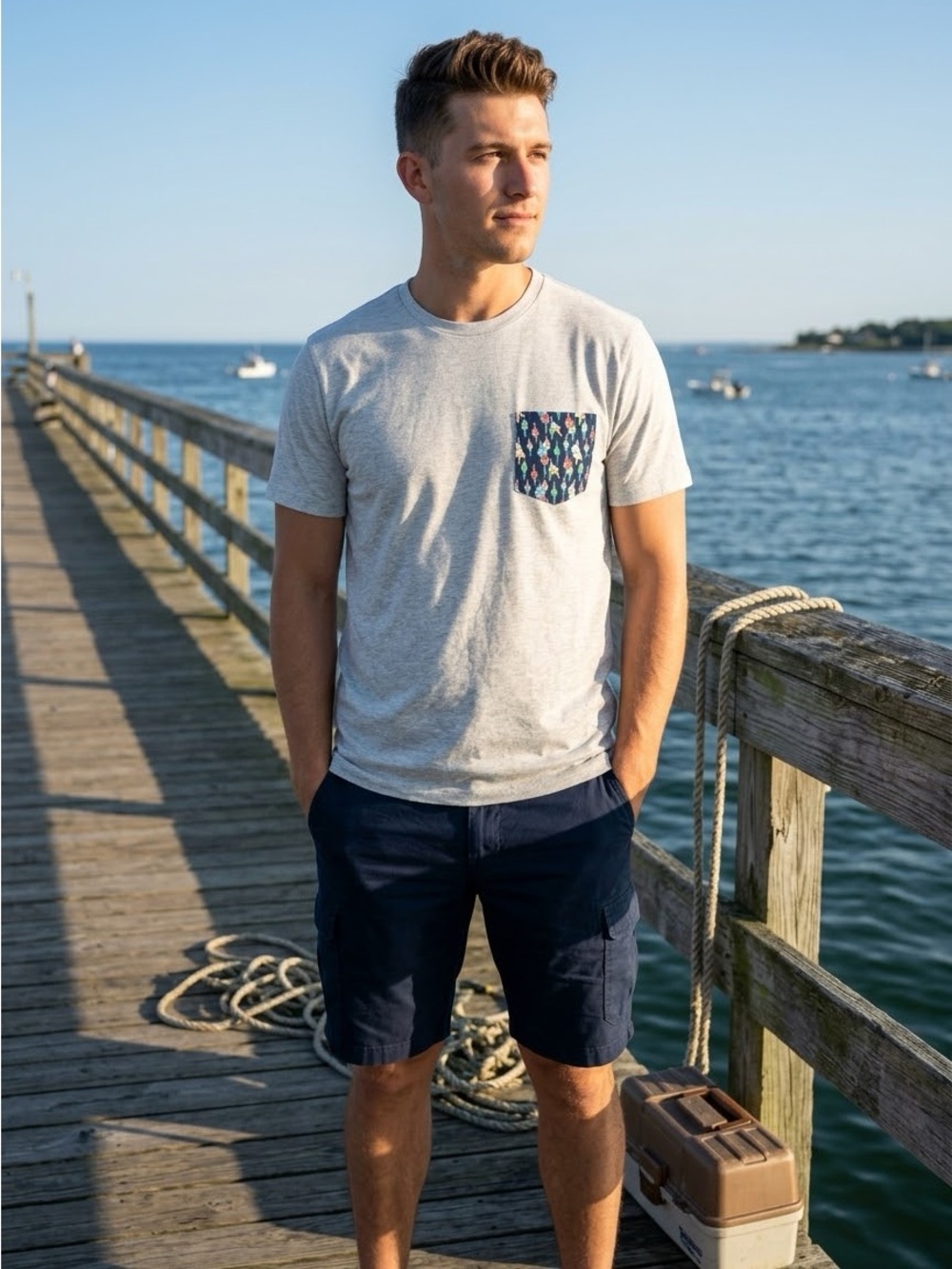 Tailor Vintage Heather Gray Tee with Buoy Patterned Pocket NWT